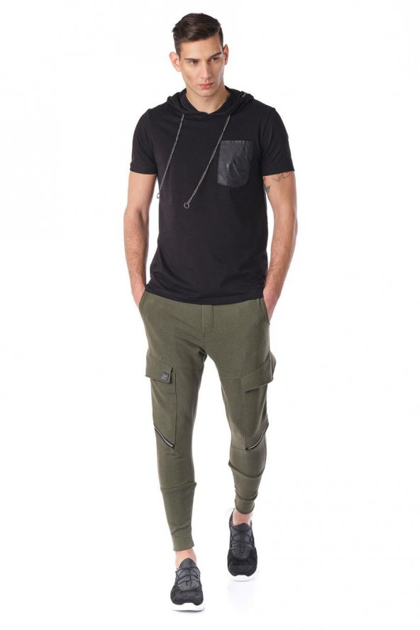 Kapüşonlu Deri Cepli Erkek Tshirt - 5