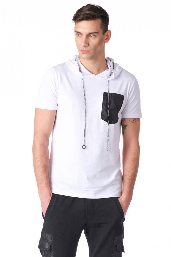 Kapüşonlu Deri Cepli Erkek Tshirt - 6