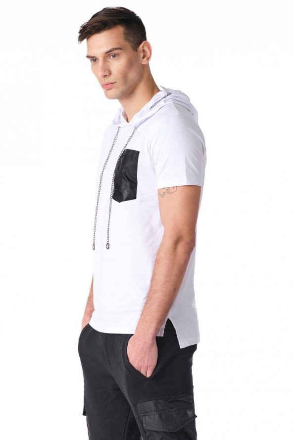 Kapüşonlu Deri Cepli Erkek Tshirt - 7