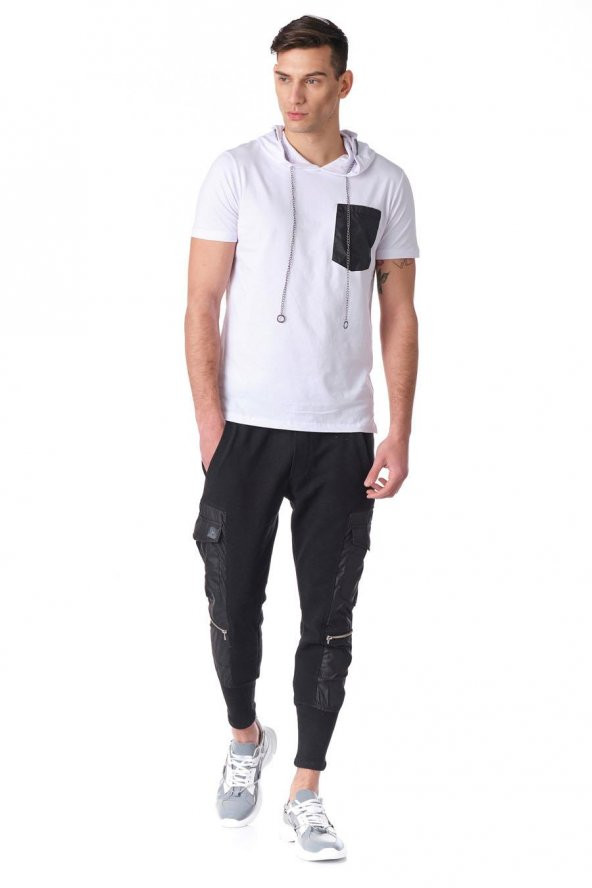 Kapüşonlu Deri Cepli Erkek Tshirt - 9