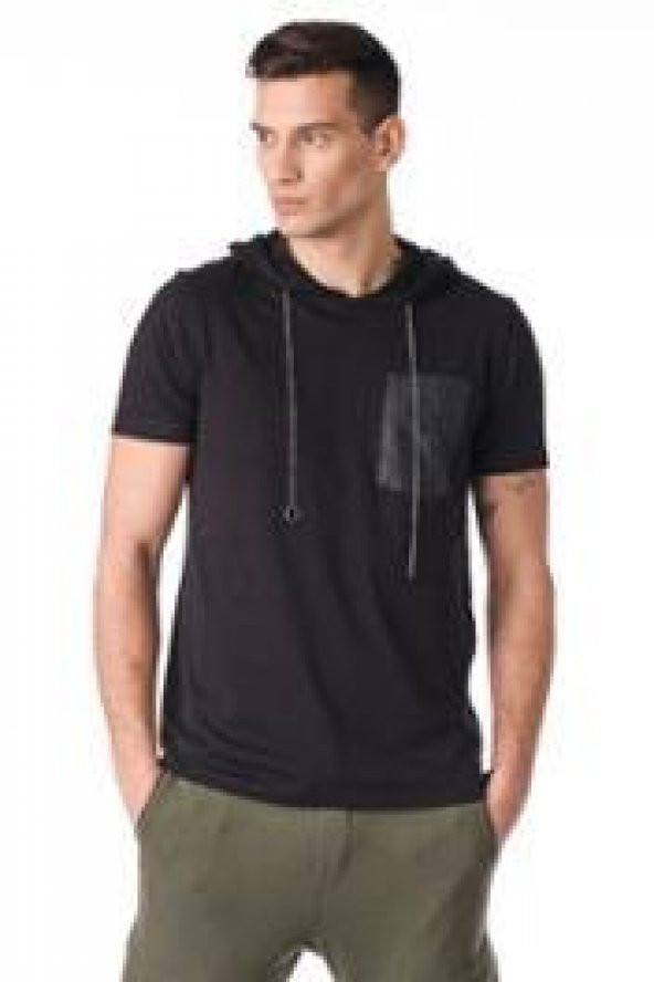 Kapüşonlu Deri Cepli Erkek Tshirt - 10