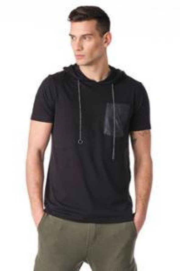 Kapüşonlu Deri Cepli Erkek Tshirt - 11