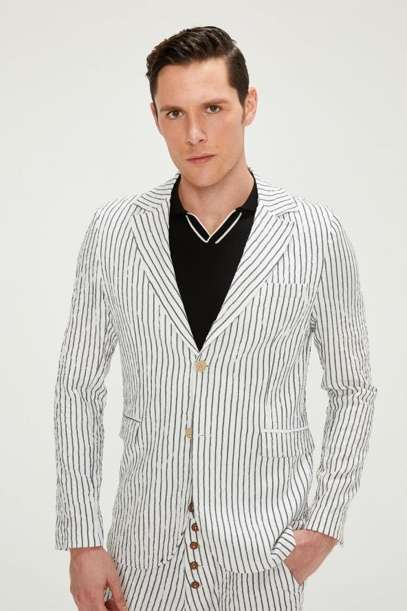 CEKMON Erkek Çizgili Regular Fit Likralı Pamuklu Rahat Klasik Blazer Ceket