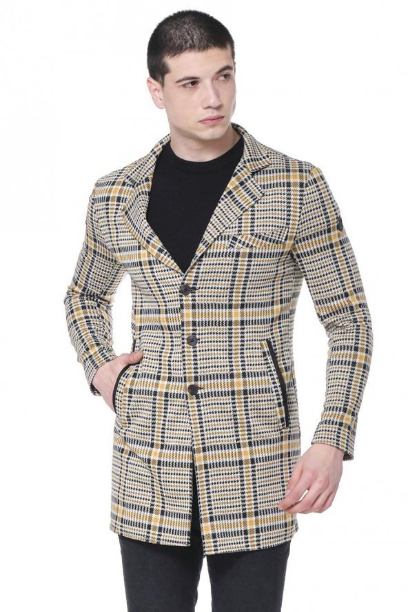 CEKMON Erkek Ekoseli Kareli Uzun İnce Astarsız Ceket