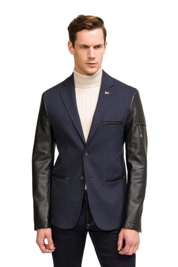 CEKMON Erkek Slim Fit Kolları Deri Fermuar Detaylı Desenli Düğmeli Klaisk Blazer Ceket