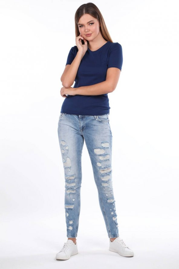 Blue White Yırtık Açık Kadın Jean Pantolon - 3
