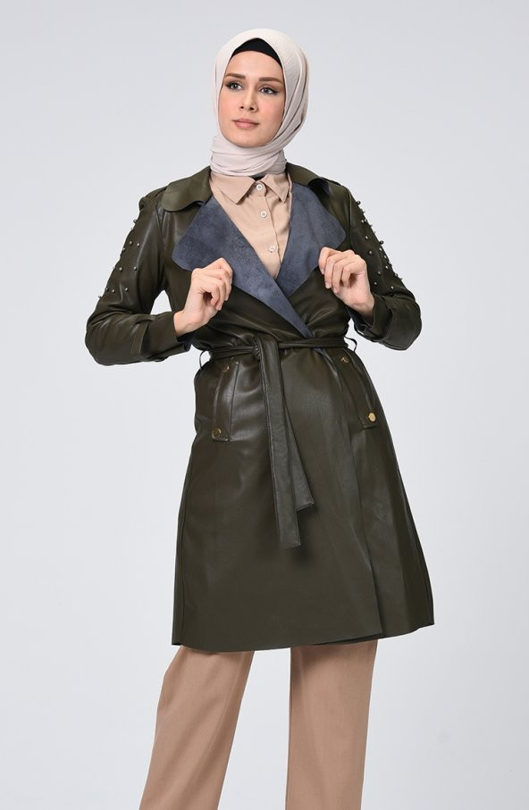 İNCİLİ KUŞAKLI TESETTÜR TRENÇKOT HAKİ 4024 - 2