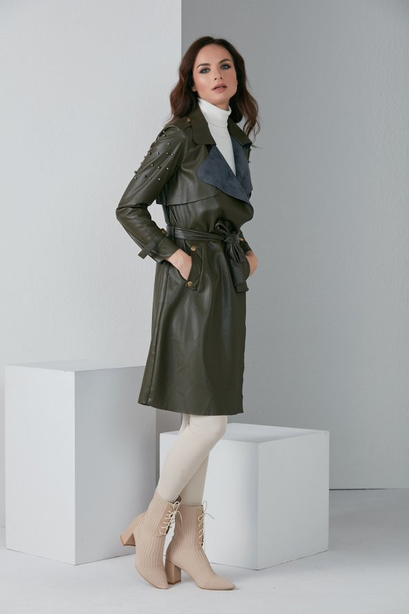 İNCİLİ KUŞAKLI TESETTÜR TRENÇKOT HAKİ 4024 - 3