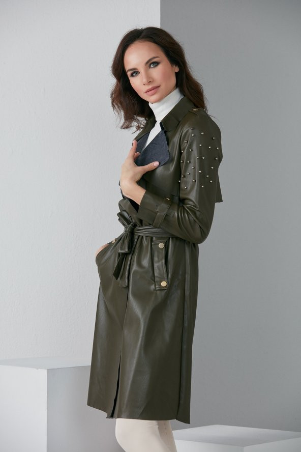 İNCİLİ KUŞAKLI TESETTÜR TRENÇKOT HAKİ 4024 - 4