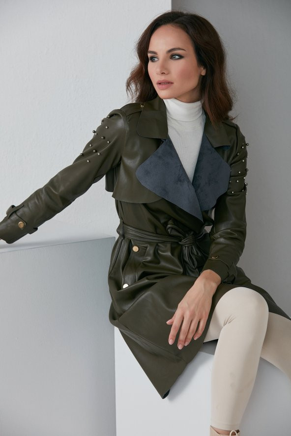 İNCİLİ KUŞAKLI TESETTÜR TRENÇKOT HAKİ 4024 - 5