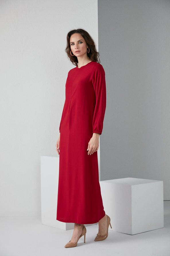 KOL LASTİKLİ A PİLE TESETTÜR ELBİSE BORDO 4006 - 2