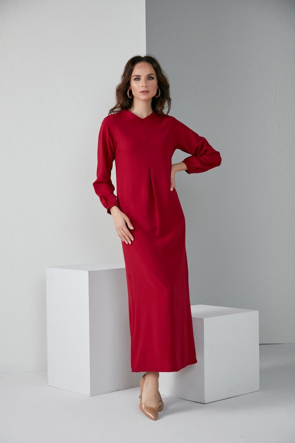 KOL LASTİKLİ A PİLE TESETTÜR ELBİSE BORDO 4006 - 3