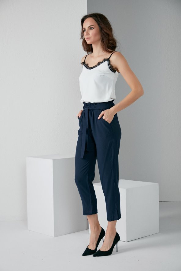 LASTİKLİ KUŞAKLI PANTOLON LACİVERT 4013 - 2