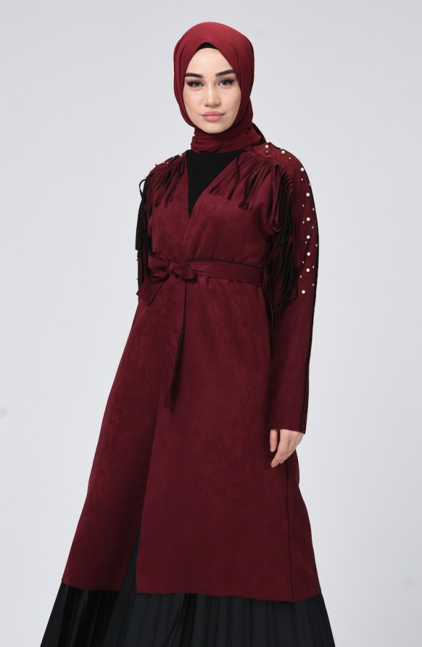 İNCİLİ PÜSKÜLLÜ KUŞAKLI TRENÇKOT BORDO 4008 - 2