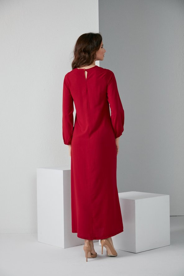 KOL LASTİKLİ A PİLE TESETTÜR ELBİSE BORDO 4006 - 5