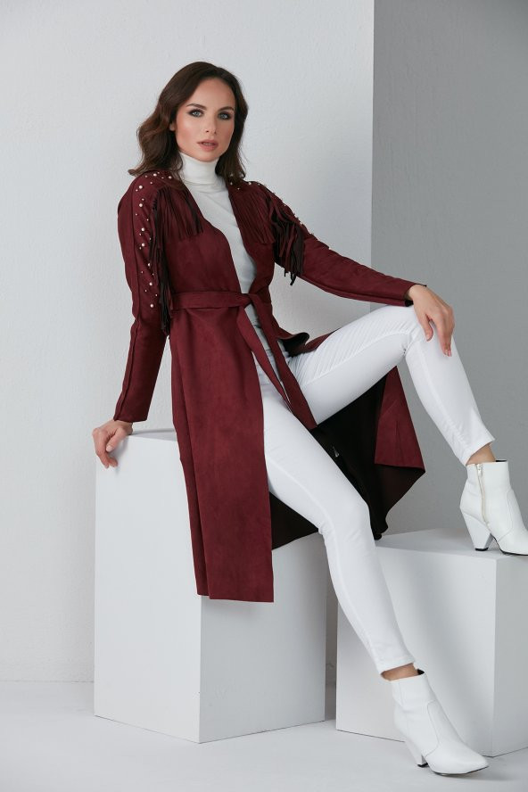 İNCİLİ PÜSKÜLLÜ KUŞAKLI TRENÇKOT BORDO 4008 - 4