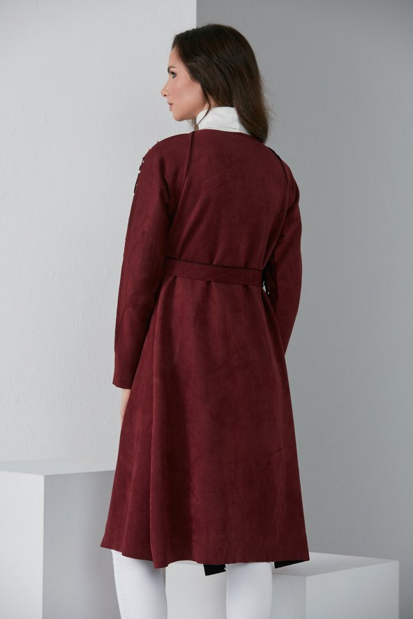 İNCİLİ PÜSKÜLLÜ KUŞAKLI TRENÇKOT BORDO 4008 - 5