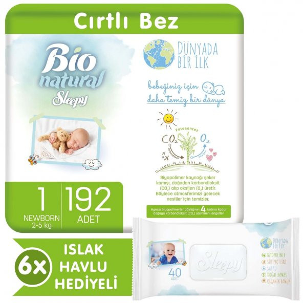 Sleepy  Bio Natural Bebek Bezi 1 Numara Yenidoğan 192 Adet + 6x40 Bio Natural Islak Havlu