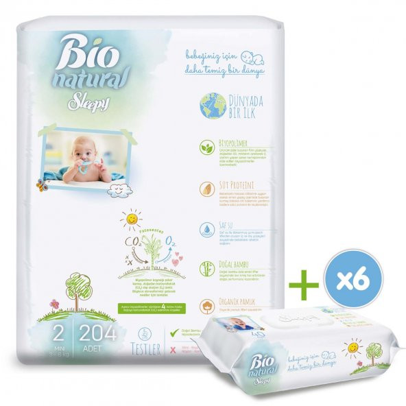 Sleepy  Bio Natural Bebek Bezi 2 Numara Mini 204 Adet + 6x40 Bio Natural Islak Havlu