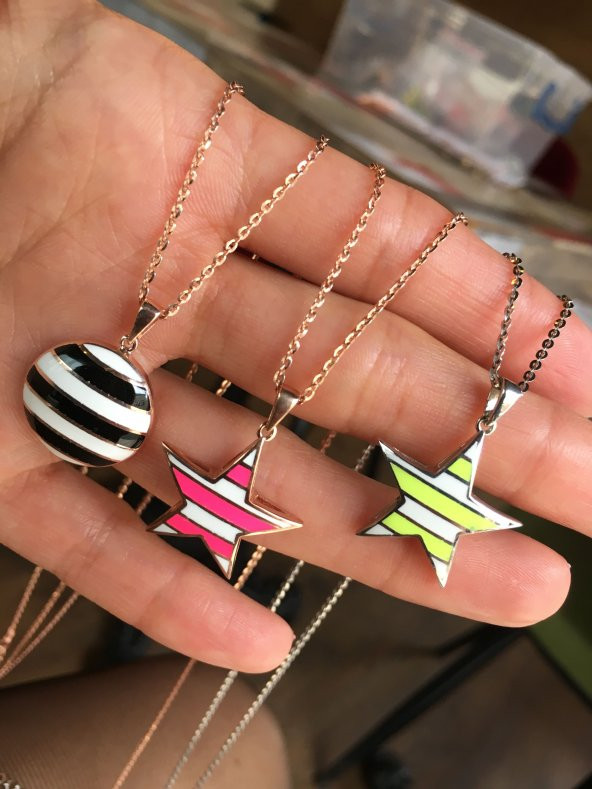 925 Ayar Gümüş Neon Siyah Beyaz Yuvarlak Rose Gümüş Kolye - 5