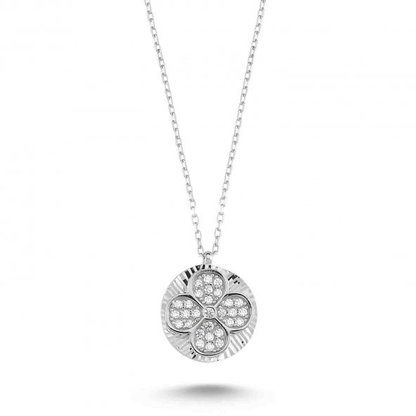 925 Ayar Gümüş Swarovski Yuvarlak Yoncalı Taşlı Kolye - 2