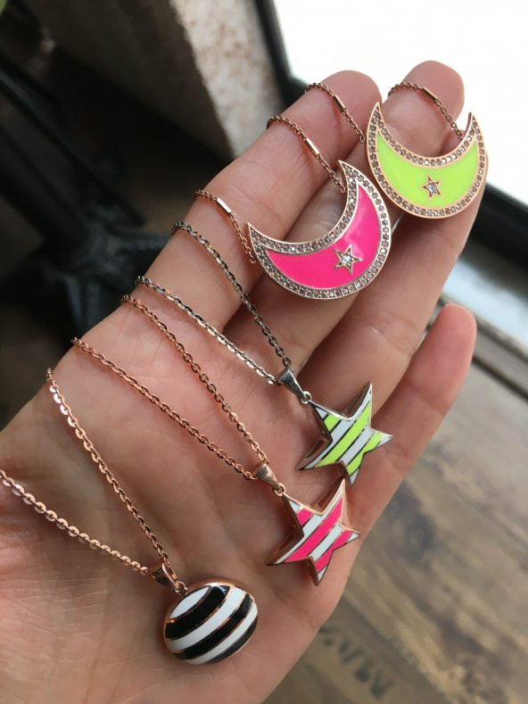 925 Ayar Gümüş Neon Siyah Beyaz Yuvarlak Rose Gümüş Kolye - 6