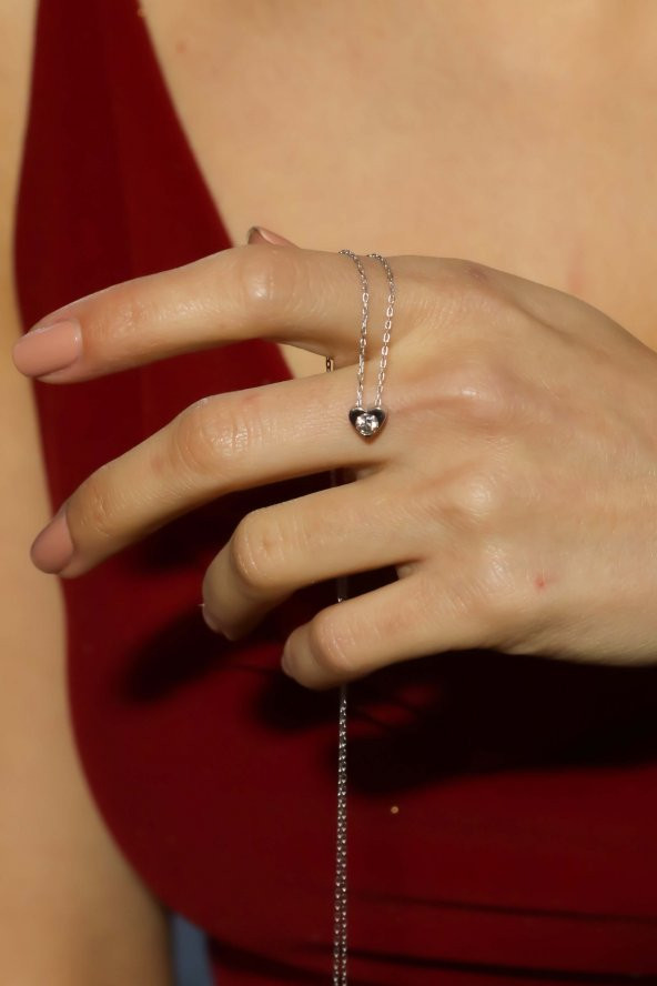 925 Ayar Gümüş Swarovski Kalp Tek Taş Kolye - 2
