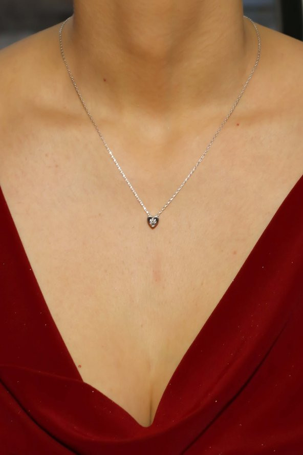 925 Ayar Gümüş Swarovski Kalp Tek Taş Kolye - 3