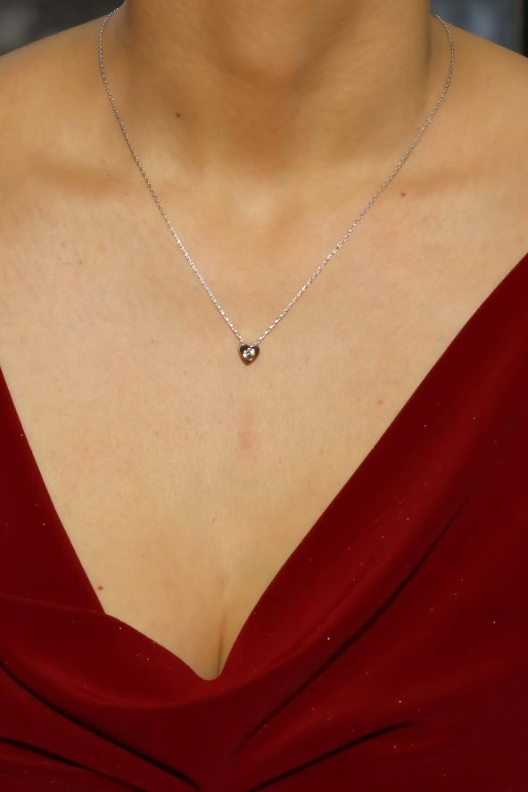 925 Ayar Gümüş Swarovski Kalp Tek Taş Kolye - 4