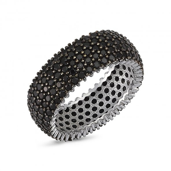 925 Ayar Gümüş Tam Tur Siyah Taşlı Kalın Yüzük