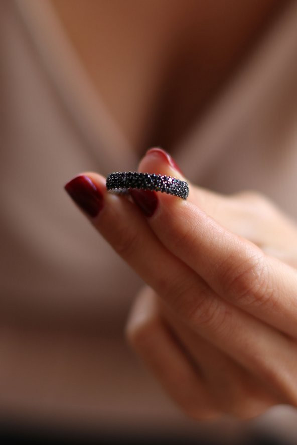 925 Ayar Gümüş Tam Tur Siyah Taşlı İnce Yüzük - 3