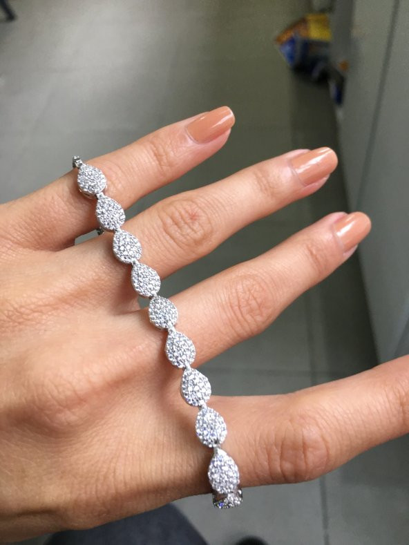 925 Ayar Gümüş Damla Motifli Asansör Taşlı Bileklik - 2