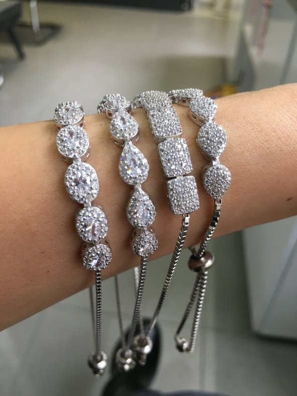 925 Ayar Gümüş Damla Motifli Asansör Taşlı Bileklik - 6