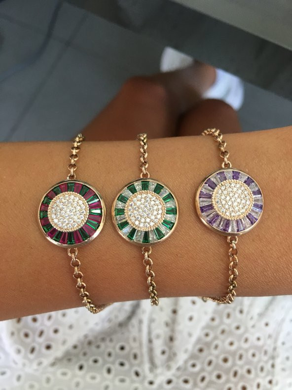 925 Ayar Gümüş Emirgan Taşlı Yeşil Pembe Bileklik - 2