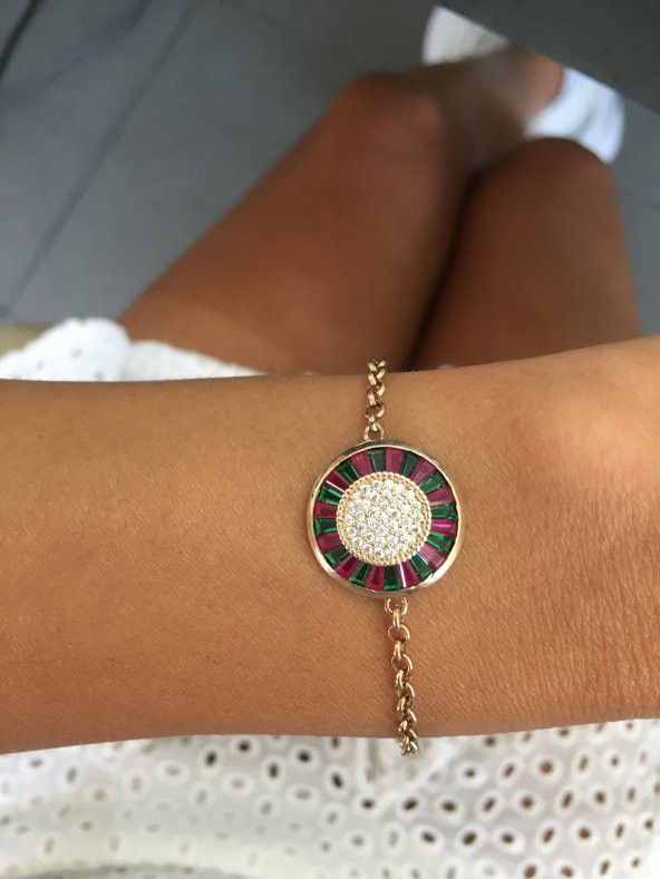 925 Ayar Gümüş Emirgan Taşlı Yeşil Pembe Bileklik - 3