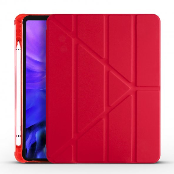 KNY Apple İpad 12.9 2020 İçin Kalemlikli Standlı Arkası Silikon Trifolding Kılıf Kırmızı