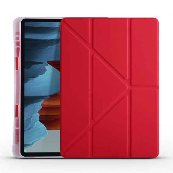 KNY Samsung Galaxy Tab S7 T870 İçin Kalemlikli Standlı Arkası Silikon Trifolding Kılıf Kırmızı
