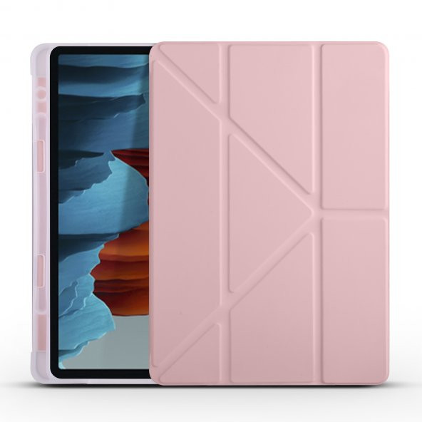 KNY Samsung Galaxy Tab S7 Plus T970 İçin Kalemlikli Standlı Arkası Silikon Trifolding Kılıf Pembe - 1