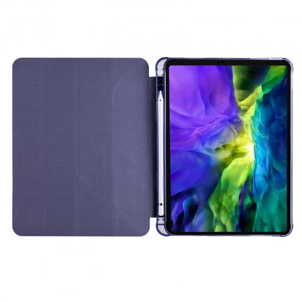 KNY Samsung Galaxy Tab S7 Plus T970 İçin Kalemlikli Standlı Arkası Silikon Trifolding Kılıf Mavi - 3