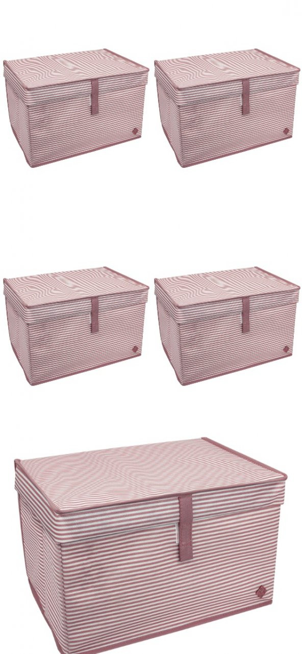 5 ADET - Kapaklı Çok Amaçlı ( Çamaşır-Saklama-Düzenleme vb) Hurç, Kutu - 40x30x26 - Mini Kutu - Pembe - 1