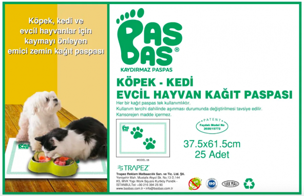 Basbas Kaydırmaz Kedi Mama Su Kabı Emici Kağıt Zemin Mat 25 Adet
