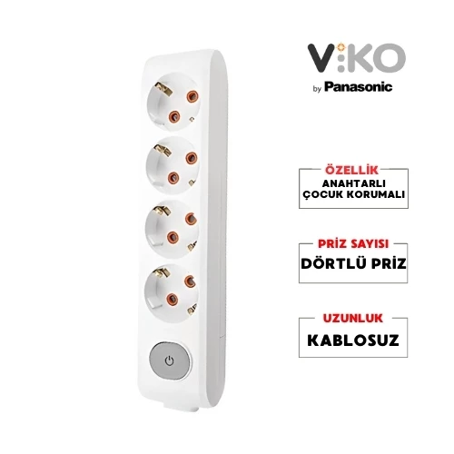 Viko | Dörtlü Grup Priz, Anahtarlı Topraklı - Çocuk Korumalı Çoğaltıcı Priz  [4'lü, Kablosuz, Beyaz] - 1