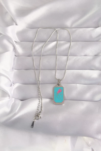 316L Çelik Gümüş Renk Mavi Mineli Tarot Kolye - TJ-BKO9046 - 2
