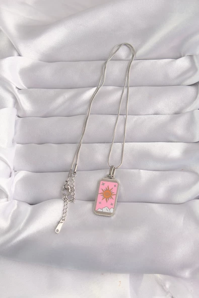 316L Çelik Gümüş Renk Pembe Mineli Güneş Model Tarot Kolye - TJ-BKO9043 - 2