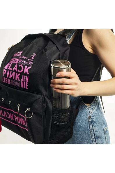 Black Pink Baskılı Laptop Sırt Çantası Piersingli - 3