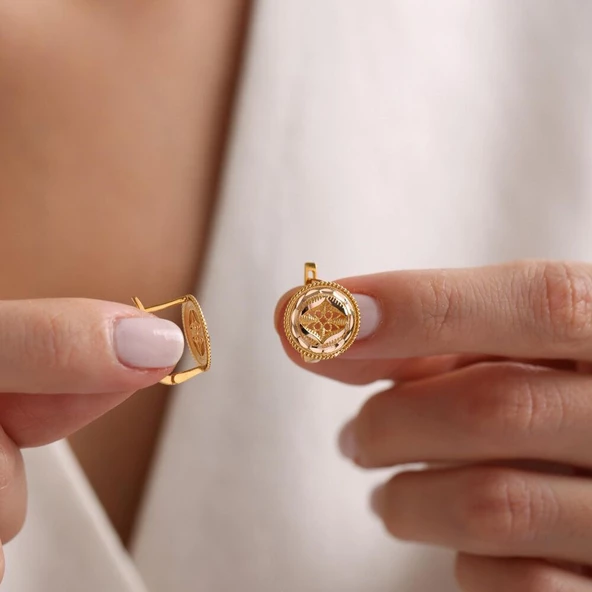 El İşlemeli Round Motifli Altın Telkari Küpe