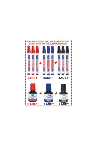 KRAF 770 Doldurulabilir Tahta Kalemi 9 Adet + Tahta Kalemi Mürekkebi 3 Adet Her Renk - 5