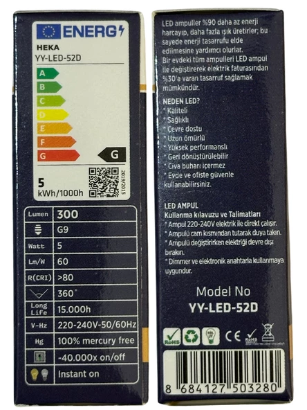 Heka 5W (35W) 3000K (Gün Işığı) G9 Duylu Dim Edilebilir Led Kapsül Ampul (10 Adet) - 4