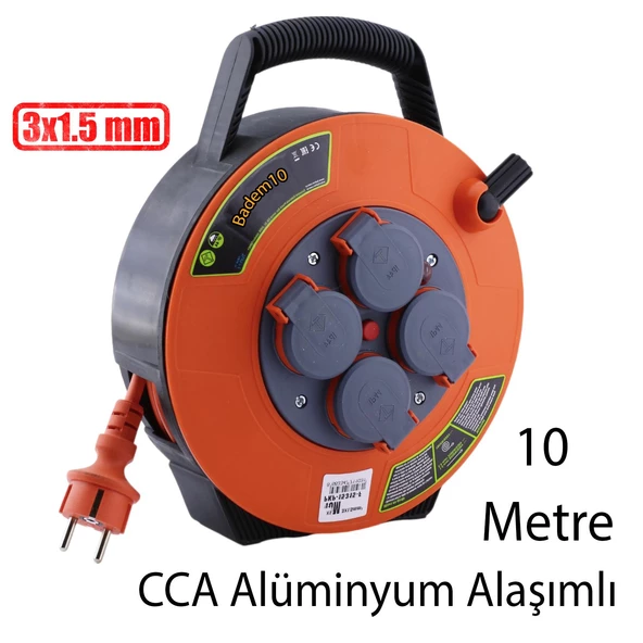 Plastik Kapaklı Mini Makaralı Seyyar 3x1.5 mm CCA Monofaze Uzatma Kablosu 4 Priz TTR Kablo 10 Metre - 3