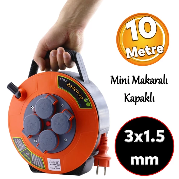 Plastik Kapaklı Mini Makaralı Seyyar 3x1.5 mm CCA Monofaze Uzatma Kablosu 4 Priz TTR Kablo 10 Metre